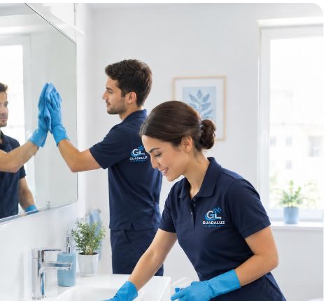 equipo limpiando un baño